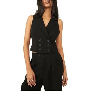 Free People Gabbie Vest Top Sz 8 Black‎ Double Breasted Sleeveless Boho Cropped